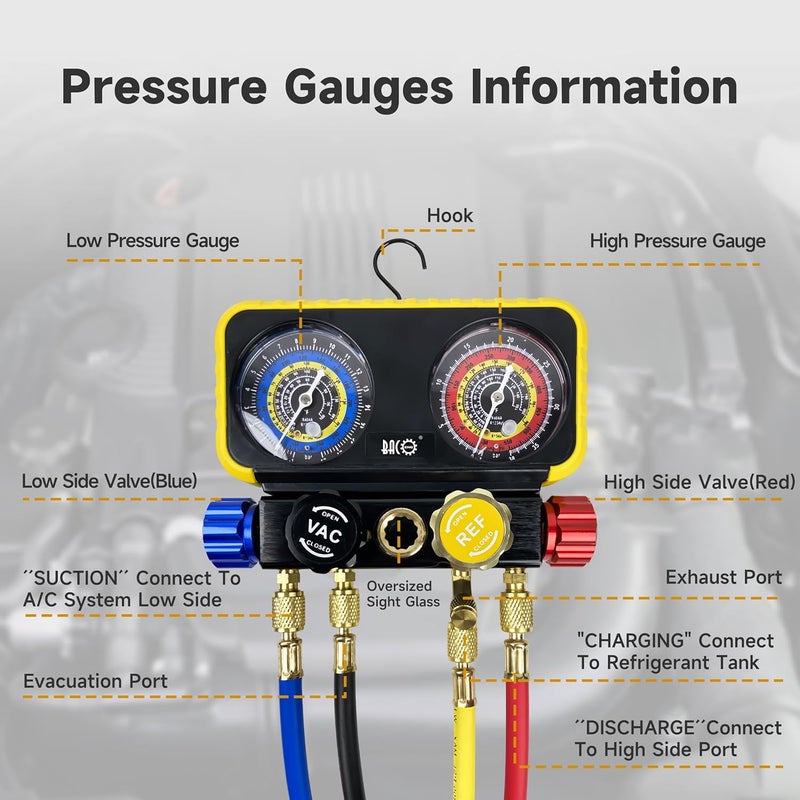BACOENG AC R1234YF Gauge Set, Automotive 4 Way R1234yf Refrigerant Recharge Kit, R134A AC Manifold Gauge Set with 5FT Hoses for Car Charging and Evacuation - Image 3